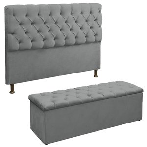 Cabeceira e Recamier Sapateira Lana para Cama Box King 195 Cm - Suede - Sv Decor:cinza Claro