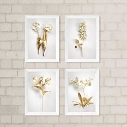 Kit 4 Quadros Decorativos Flores Brancas Com dourado 45x34cm - com Vidro:madeira Branca - 2 Kit 4 Quadros Decorativos Flores Brancas Com dourado 45x34cm - com Vidro:madeira Branca - 2
