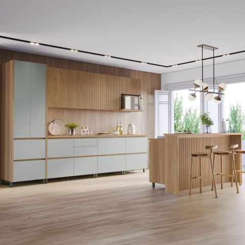 Cozinha Completa Rainha Gourmet 12 Portas 12 Gavetas com Ilha Ripado 100% Mdf Nature/verde - Nesher