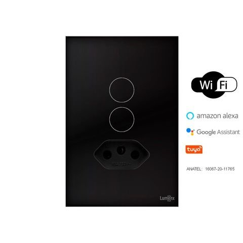 Interruptor Touch Glass 2 Botões Wifi + Tomada Preto Lumenx 4x2