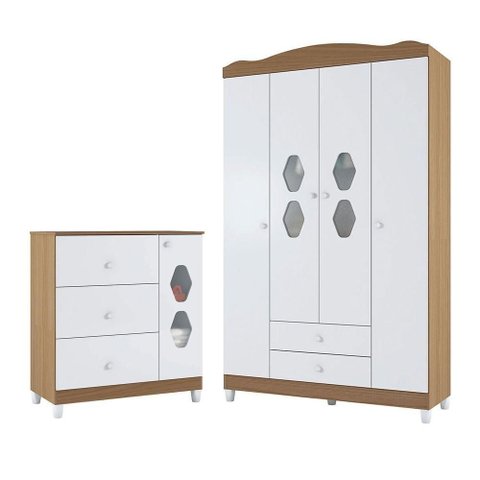 Conjunto de Guarda Roupa e Cômoda Infantil Natura 4 Portas 3 Gavetas MDP-MDF Branco Almendra Casah