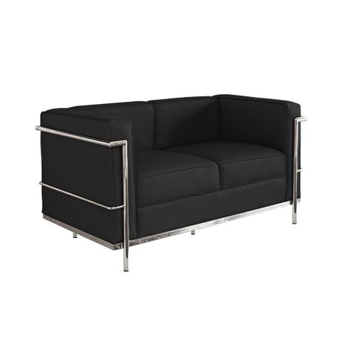 Sofa Le Corbusier Luxo de 2 Lugares Cromado em Sintético Preto