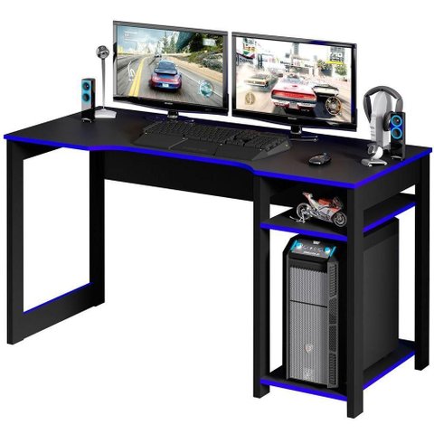 Mesa para Computador Gamer Espaço para 2 Monitores e Cpu Preto/azul