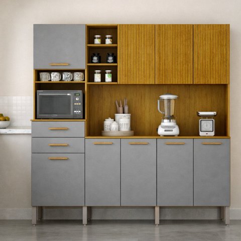 Armário de Cozinha Completa 9 Portas com Nicho e Portas Frisadas Louvre Cinza/Cinamomo/Acetinado