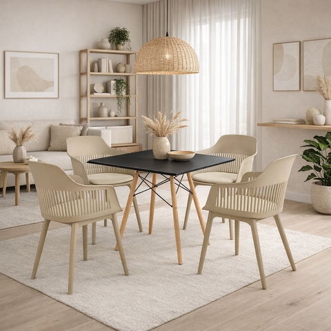 Conjunto Mesa de Jantar Quadrada Preta 90cm com 4 Cadeiras Marcela Nude
