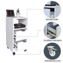Mesa de Cabeceira Branca 30cm 2 Gavetas Mdf Quarto Gaveteiro Puxador Cinza-com Rodinhas (montado) - 3