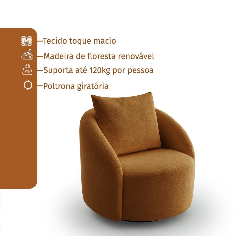 Poltrona Decorativa Orgânica Giratória Boucle Terracota Cali Estofama - 5