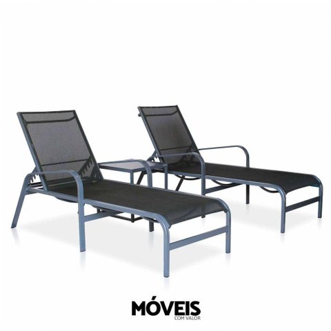 Kit 2 Espreguiçadeiras De Alumínio Em Tela Sling + 1 Mesinha Lateral Grafite Tela Preta