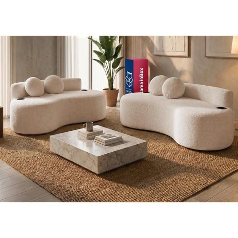 Conjunto de Sofá 3 e 2 Lugares Veda Xpand Tech Tecido Bouclê Bege Claro Cama Inbox