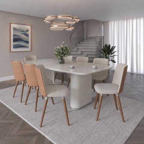 Conjunto de Jantar Lintz Offwhi 8 Cadeiras Giratórias Dakota - Caramelo
