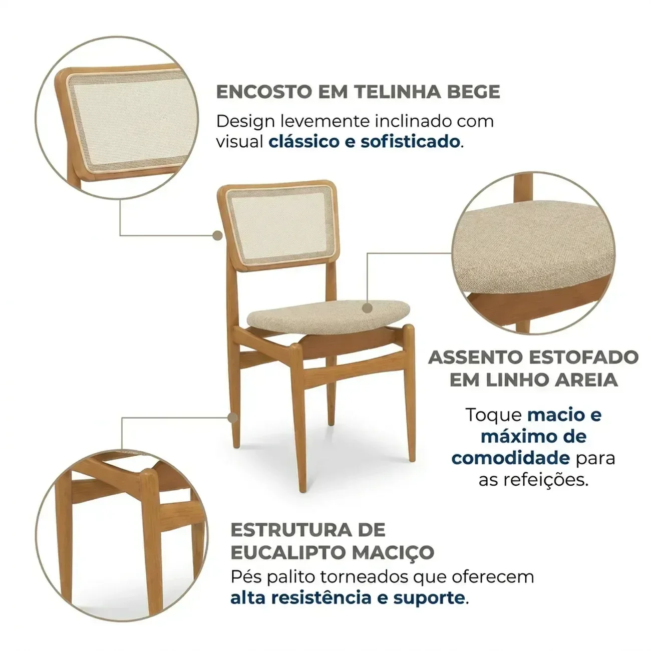 Ver imagem 4 de Cadeira para Sala de Jantar em Madeira Maciça Stela com Telinha Stela em Linho Areia/Bege