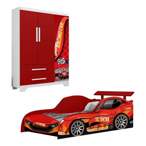 Jogo Quarto Meninos Carro Cama Colchão D20 e Guarda Roupas:vermelho