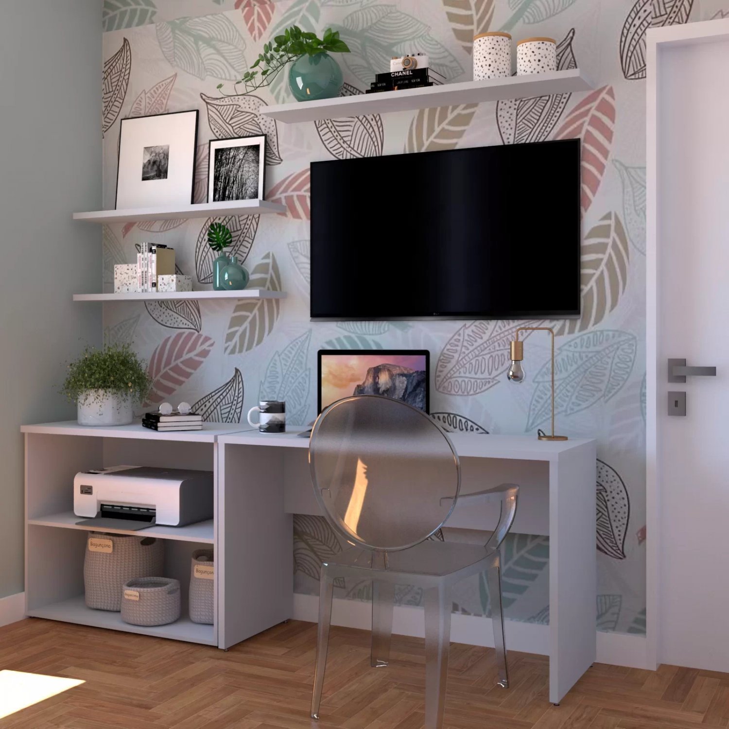 Conjunto Home Office com Escrivaninha, Estante Baixa e 3 Prateleiras Bramov - 1