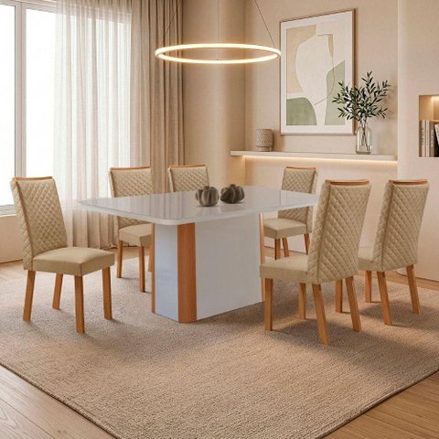 Mesa Isadora 6 Lugares Tampo MDF Vidro Serigrafado Off White 180cm Moderna