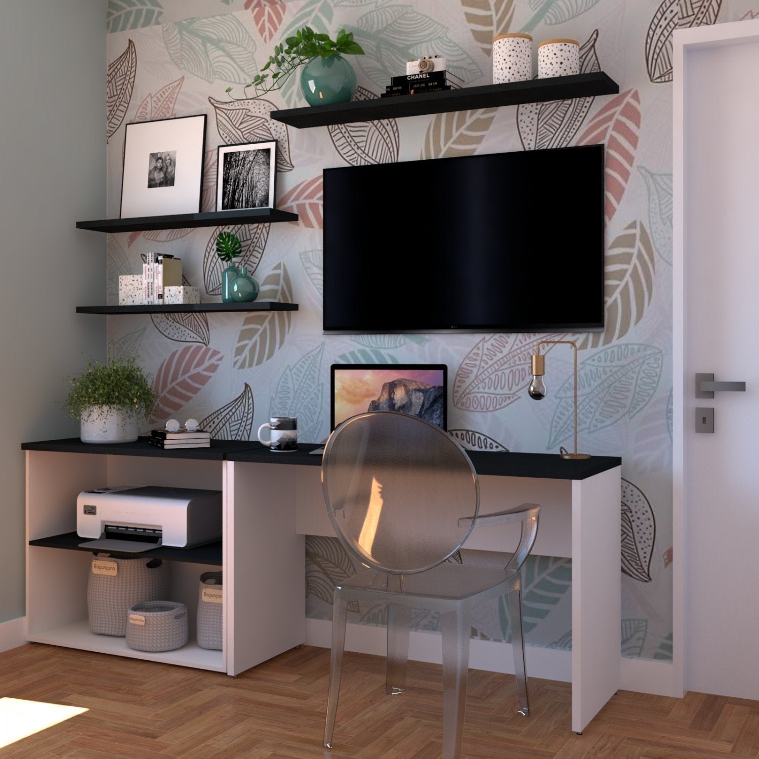 Conjunto Home Office com Escrivaninha, Estante Baixa e 3 Prateleiras Bramov - 1