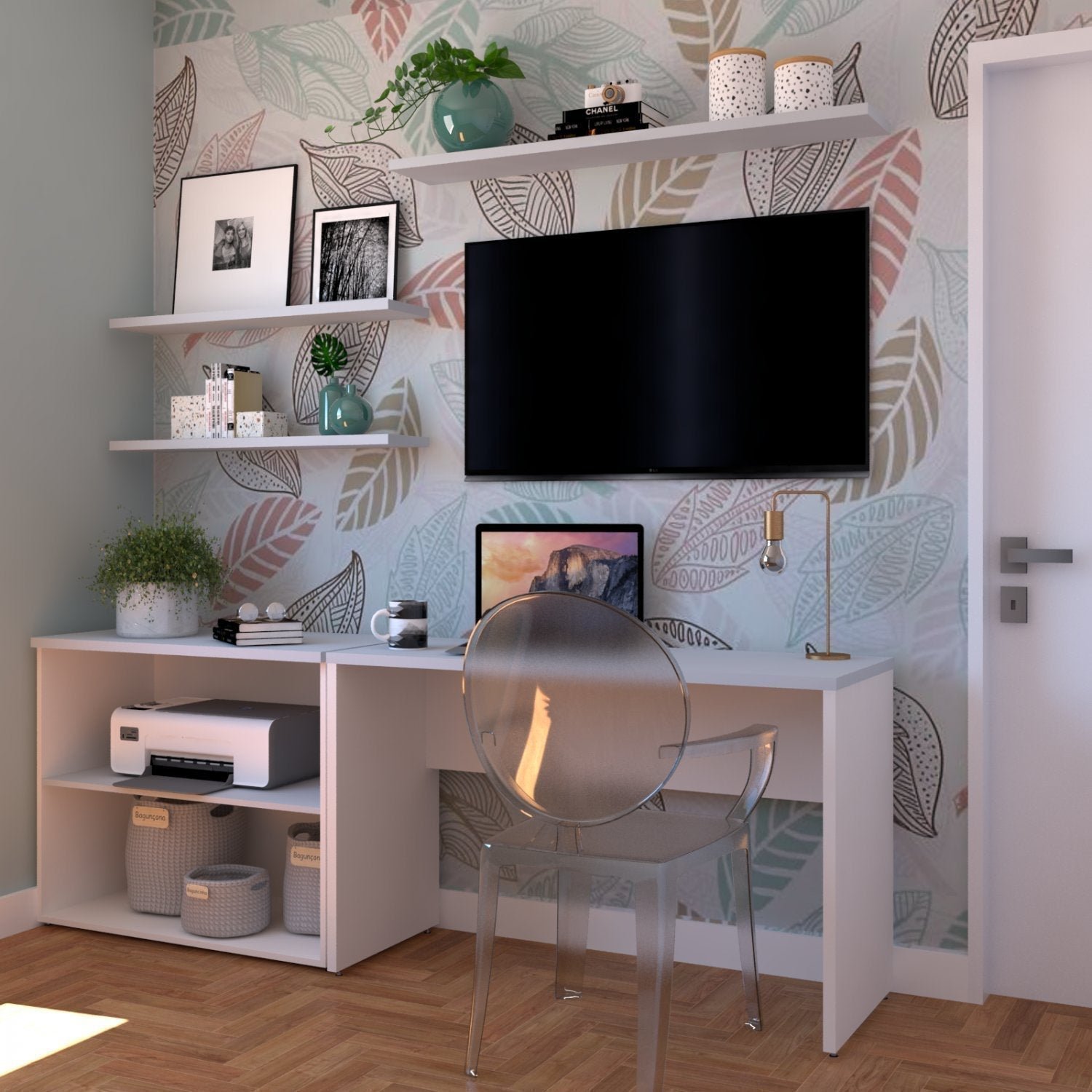 Conjunto Home Office com Escrivaninha, Estante Baixa e 3 Prateleiras Bramov - 1