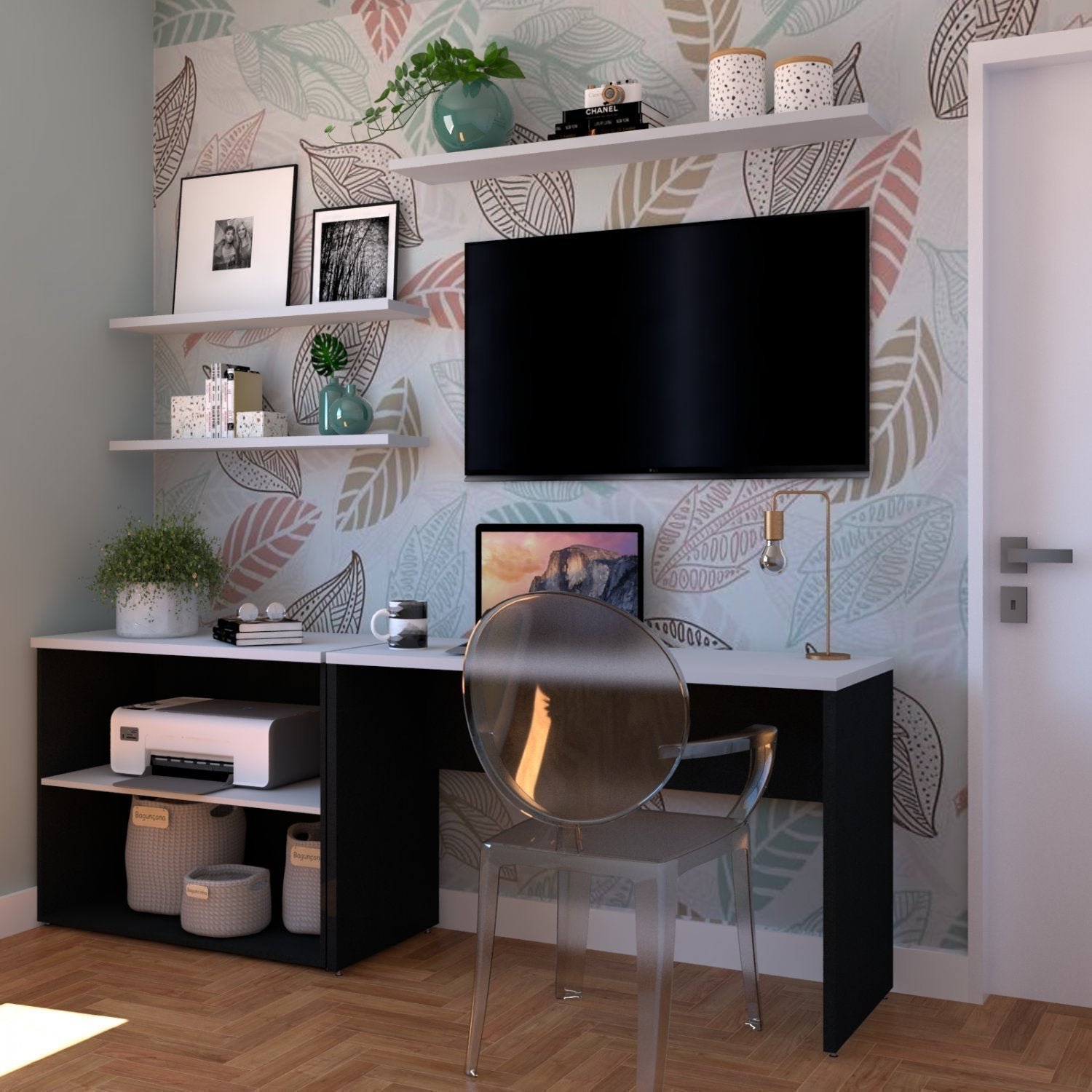 Conjunto Home Office com Escrivaninha, Estante Baixa e 3 Prateleiras Bramov - 1