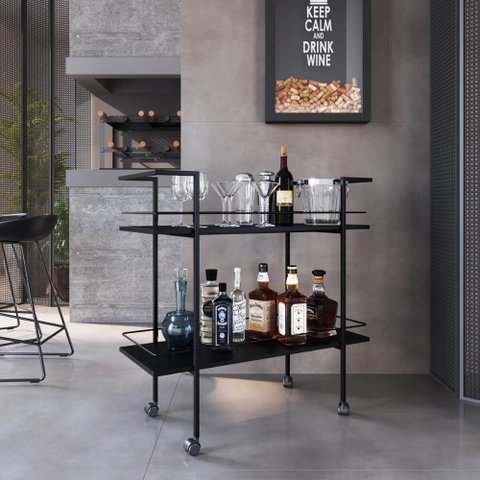 Carrinho Bar Industrial 90cm com 2 Prateleiras e Rodízios Cor:preto com Mel