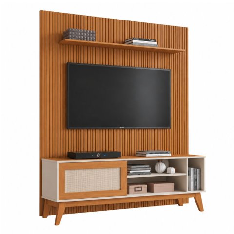 Rack Bancada Caribe com Painel para TV até 55 Polegadas 1,35m Egeo Cedro/Off White Edn