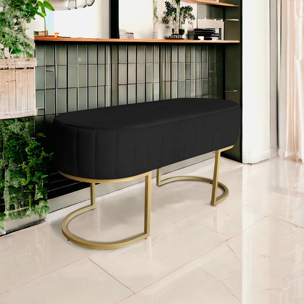 Banco Recamier Estofado Luana Base Gold Veludo Preto - Montanaris Decor - 2