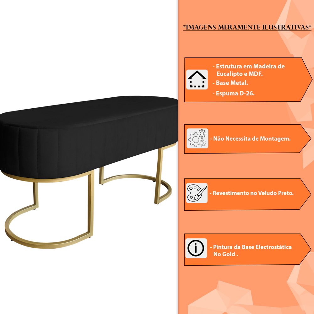 Banco Recamier Estofado Luana Base Gold Veludo Preto - Montanaris Decor - 6