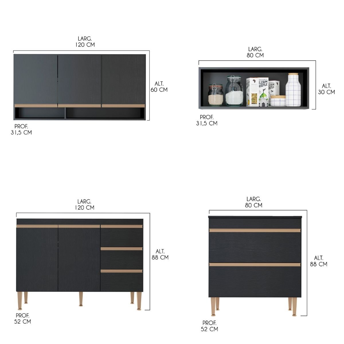 Cozinha Modulada Grande 400cm Sabrina 7 Peças Reins Preto Menu - 3