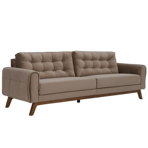 Sofá 04 Lugares 230cm Dallas Base Madeira Castanho Veludo Bege - Nexta Casa