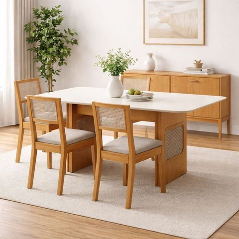 Conjunto Jantar 4 Cadeiras Telinha Nápoli 120x80 Arbo Design- Cinamomo Off White Linho Bege