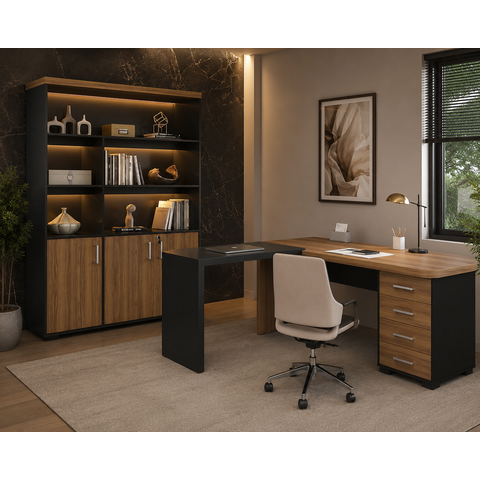 Conjunto Escritório Artany: Mesa c/ Extensor e Estante