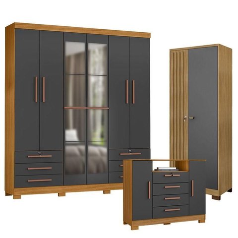 Guarda Roupa Casal Londres com Espelho com Cômoda Madri e Armário Multiuso Versatile Carvalho
