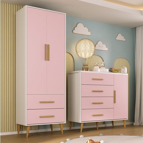 Quarto Infantil com Guarda-Roupa 2 Portas 2 Gavetas com Cômoda Magia Espresso Móveis Rosa/Branco