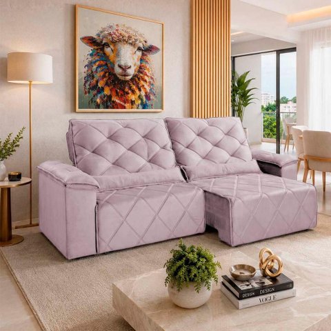 Sofá com Chaise Sirius 2 Lugares Retrátil e Reclinável 290cm Rosê