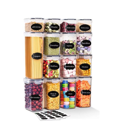Kit 15 Potes Herméticos Mantimentos Quadrado Cozinha Tampa Trava Recipientes de Organização luvinco
