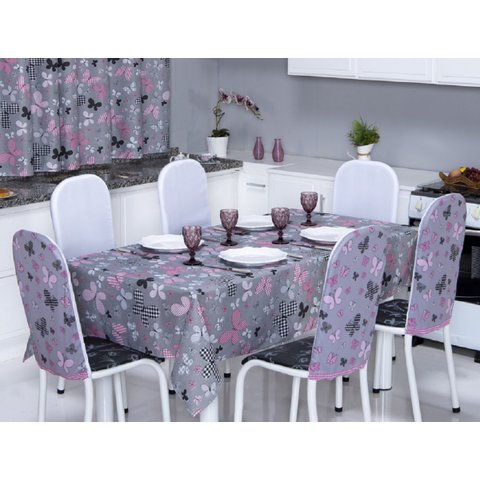 Toalha de Mesa 6 Lugares 2,20 X 1,40 Cozinha Copa Sala de Jantar Oxford Estampa Borboleta Cinza e Ro