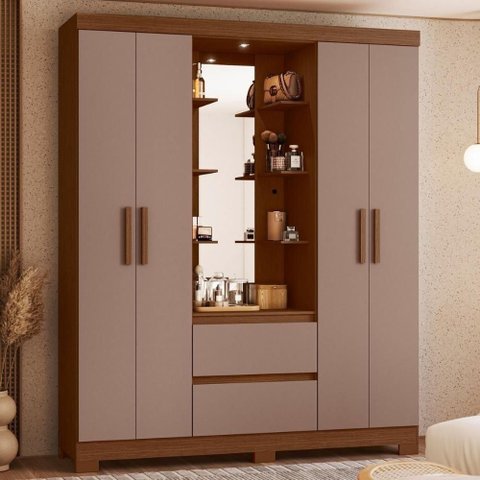 Guarda Roupa Casal Olímpia Aconchego 6 Portas 2 Gavetas MDP Nogueira Cappuccino Mais de Casa