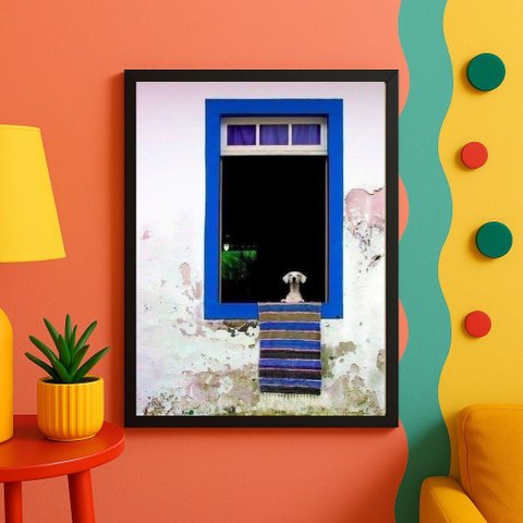 Quadro Decorativo Cachorro na Janela Azul 33x24cm - com Vidro:moldura Preta