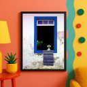 Ver imagem 1 de Quadro Decorativo Cachorro na Janela Azul 33x24cm - com Vidro:moldura Preta