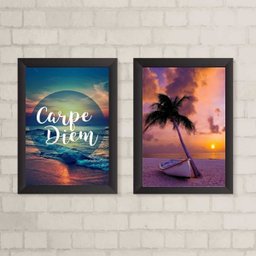 Kit 2 Quadros Praia por do Sol Carpe diem 24x18cm:madeira Preta - 2 Kit 2 Quadros Praia por do Sol Carpe diem 24x18cm:madeira Preta - 2