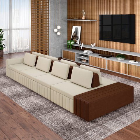 Sofá Ilha com Encosto e Almofadas Móveis Olimpo 505cm Modulado Linho/pu Bege/marrom G45 - Gran Belo
