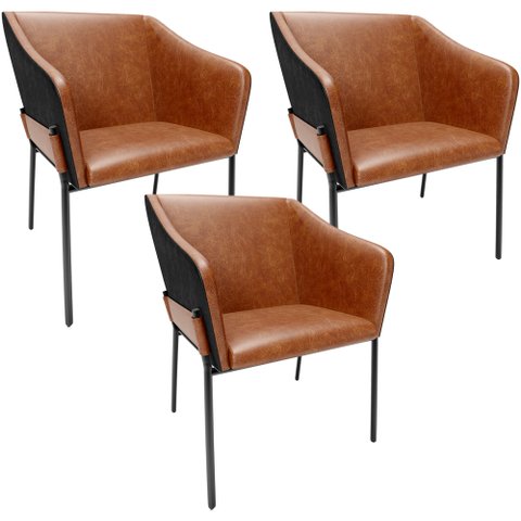 Kit 3 Cadeiras para Sala de Jantar Estar Living Olívia L02 Couríssimo Camel Preto - Lyam Decor
