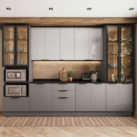 Cozinha Telasul Lumina 3,40m x 2,40m 6 Peças Torre Quente e Paneleiro com Vidro Fumê e Iluminaçã