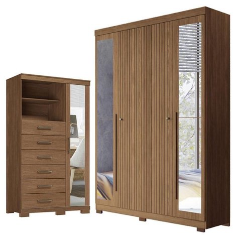 Guarda Roupa Casal com Cômoda Buriti e Marabá 4 Portas de Bater 6 Gavetas MDF-MDP Espelho Jatobá