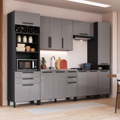 Cozinha Modulada Completa 6 Peças 320cm 11 Portas 6 Gavetas sem Tampo Mônaco Cinza Chumbo/Titânio