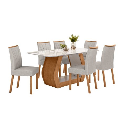 Conjunto Sala de Jantar Mesa Laini 160 Tampo Vidro Off White com 6 Cadeiras Téssera - Lopas Amendoa