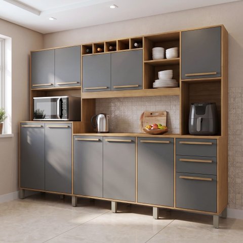 Armário de Cozinha Compacta com Bancada e Nicho para Microondas Marrom Avena/Grafito Cinza Select
