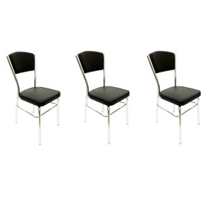 Cadeira Cozinha Reforço Cromada Assento Grosso Confortável Encosto Estofado Cor Preto Kit 3 Peç