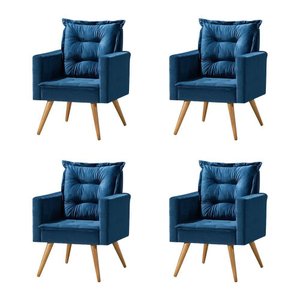 Kit 4 Poltronas Cancun Decorativa para Recepção Estofado Linho Azul Pés Palito - Azul