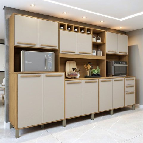 Armário para Cozinha 13 Portas 2 Gavetas Ágata Bege/Cinamomo/Off White