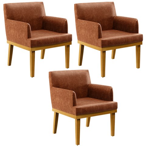 Kit 3 Poltronas Decorativas Para Sala De Estar E Recepção Beatriz W01 Couríssimo Camel - Lyam