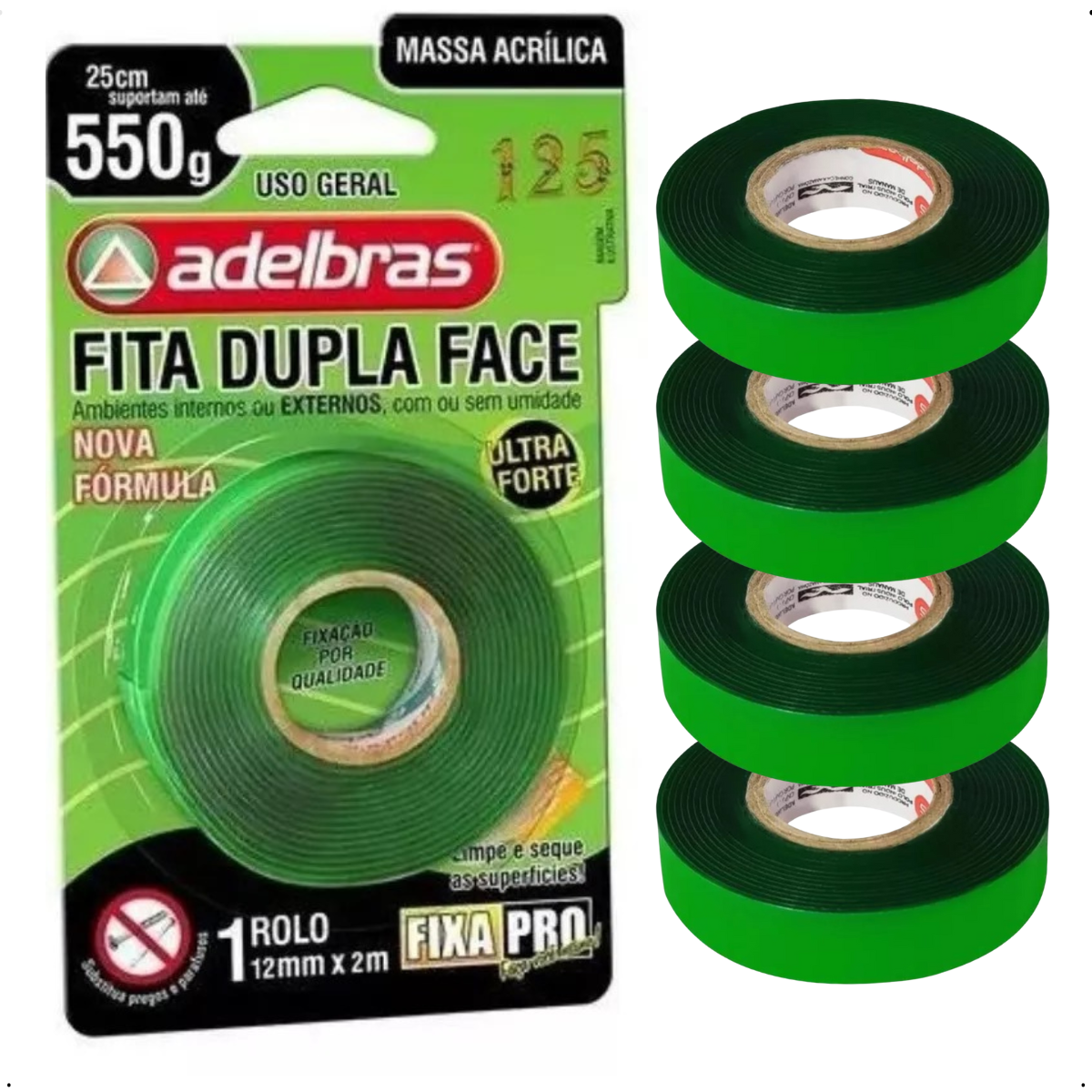 Kit 4 Un Fita Dupla Face Fixa Pro 200 Adelbras 12mmx2m - 3